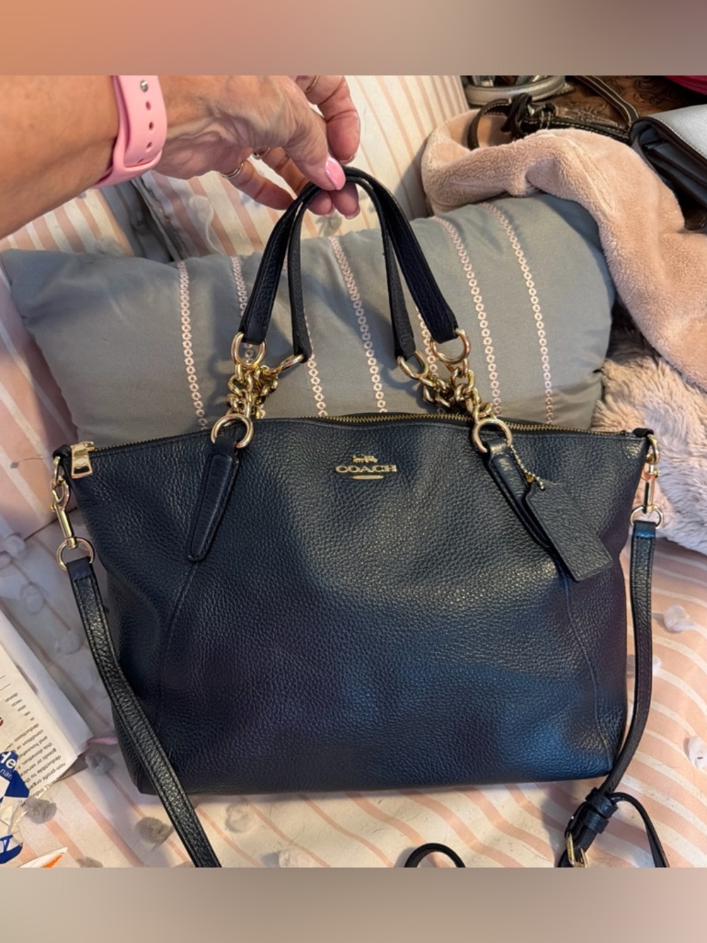 Coach Blue Leather Tote with Gold Hardware